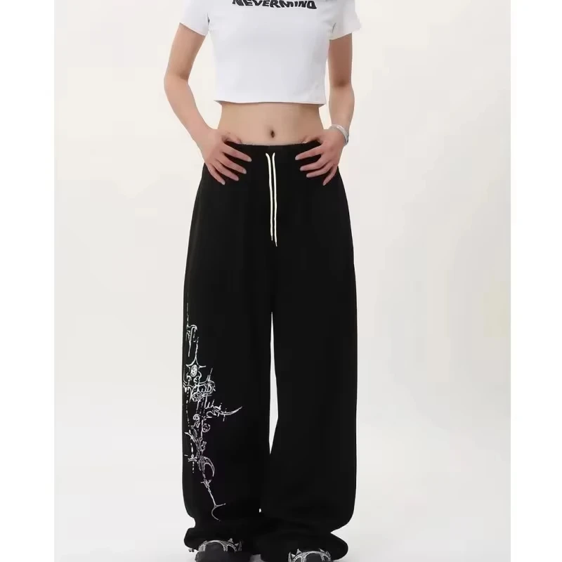 Unisex Quick Dry Straight‑Leg Pants Abstract Sketch Graphic Print Drawstring Loose Casual Sports Trousers Y2K Streetwear Bottoms