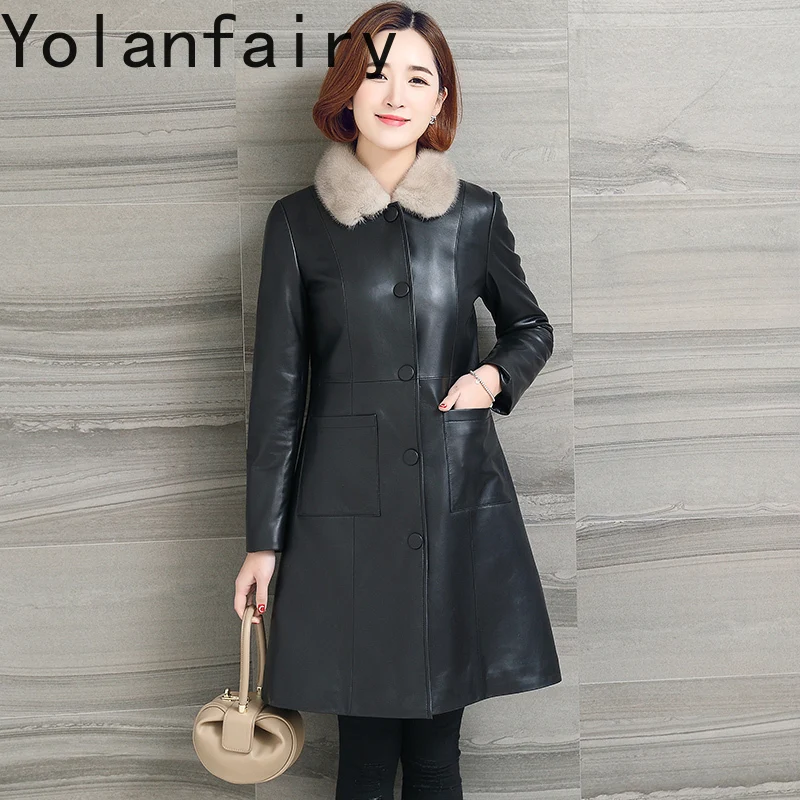 YOLANFAIRY الراقية جلد الغنم الحقيقي سترة النساء 2025 الشتاء الفاخرة فرو المنك بطانة معطف منتصف طول معاطف الفرو الدافئة ضئيلة