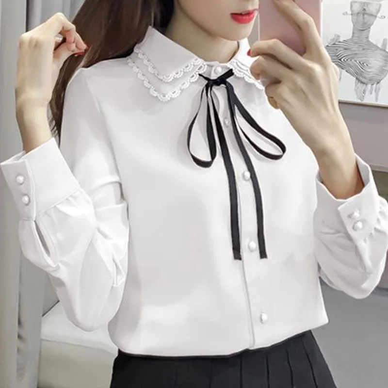 Fashion Solid Color Butterfly Knot Single-breasted Blouse Women New Long Sleeve Classic Double-layer Korean Chiffon Shirt 2022