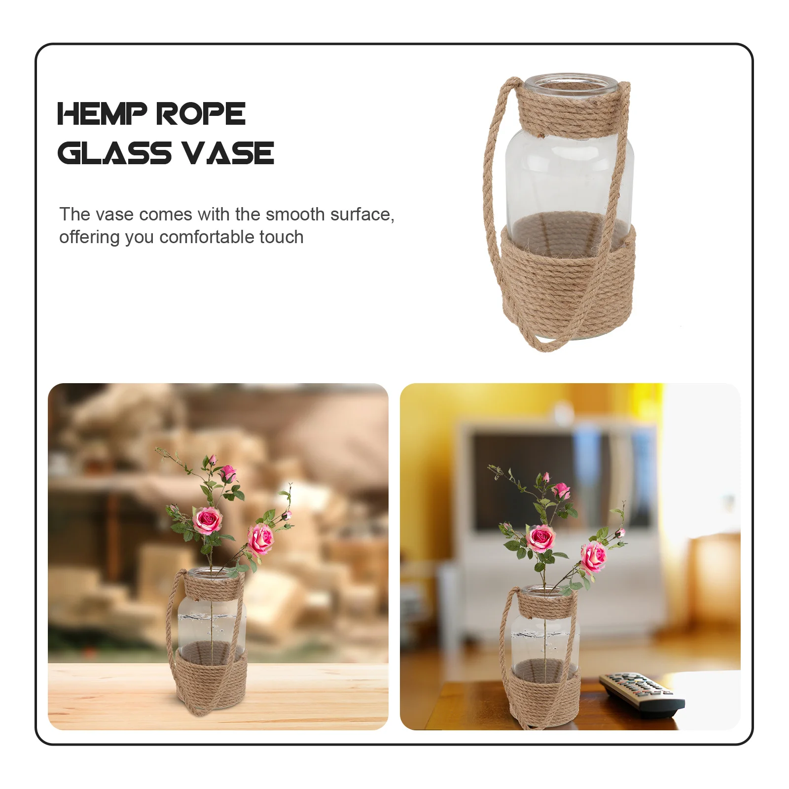 

1Pcs Decorative Hemp Rope Handle Glass Vase Hydroponic Transparent Vase Country Style Flower Ornament for Home and Office