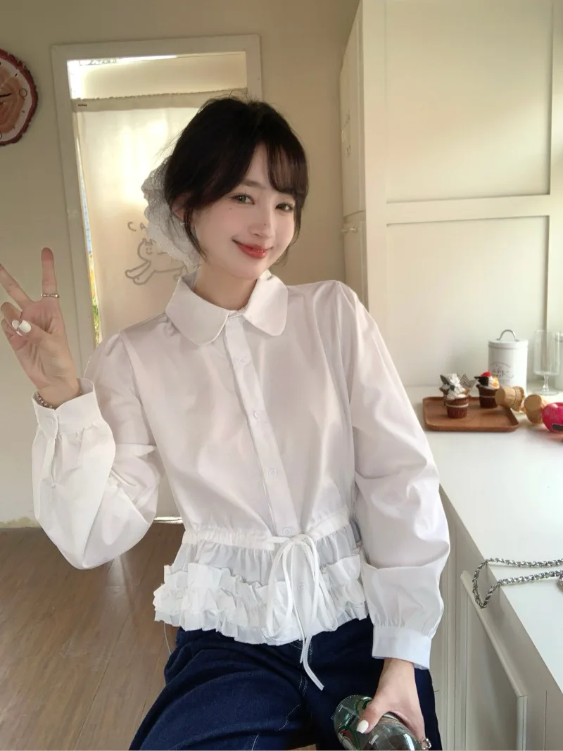 

Turn-down Collar Long-sleeved White Shirt Women's Spring and Summer Fungus Edge Slim Fit Lace-up Shirt Fashion Female Clothes