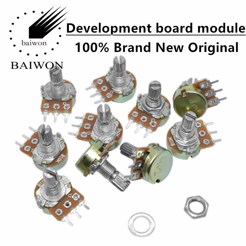 10PCS WH148 Linear Potentiometer B1K B2K B5K B10K B20K B50K B100K B250K B500K B1M 15mm Shaft With Nuts Washers 3pin WH148