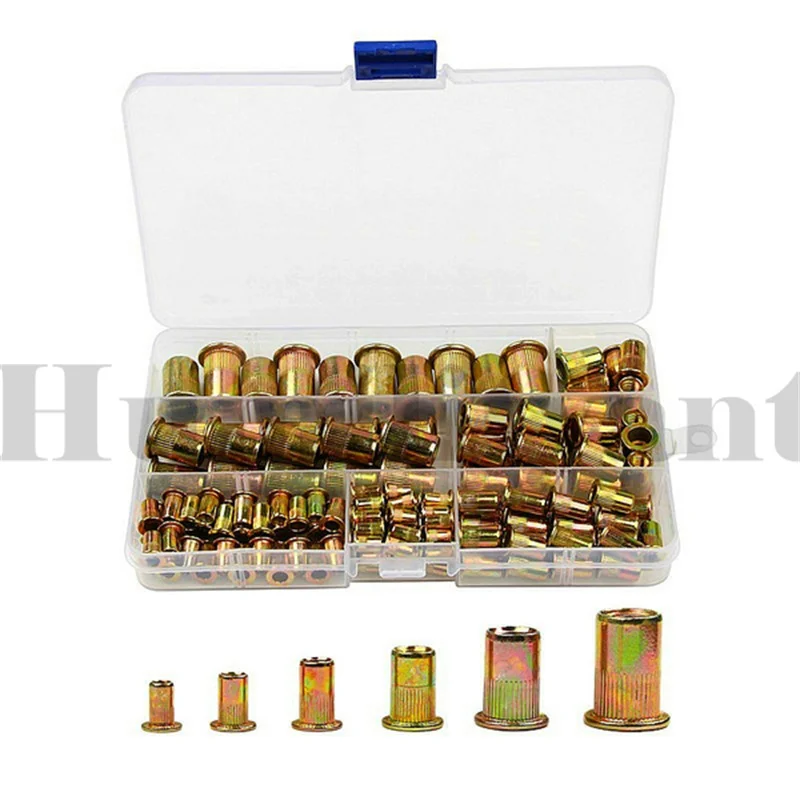 300Pcs Rivet Nuts Carbon Steel M3-M12 Flat Head Riveting Nut Set Hardware Insert Nutsert Kit