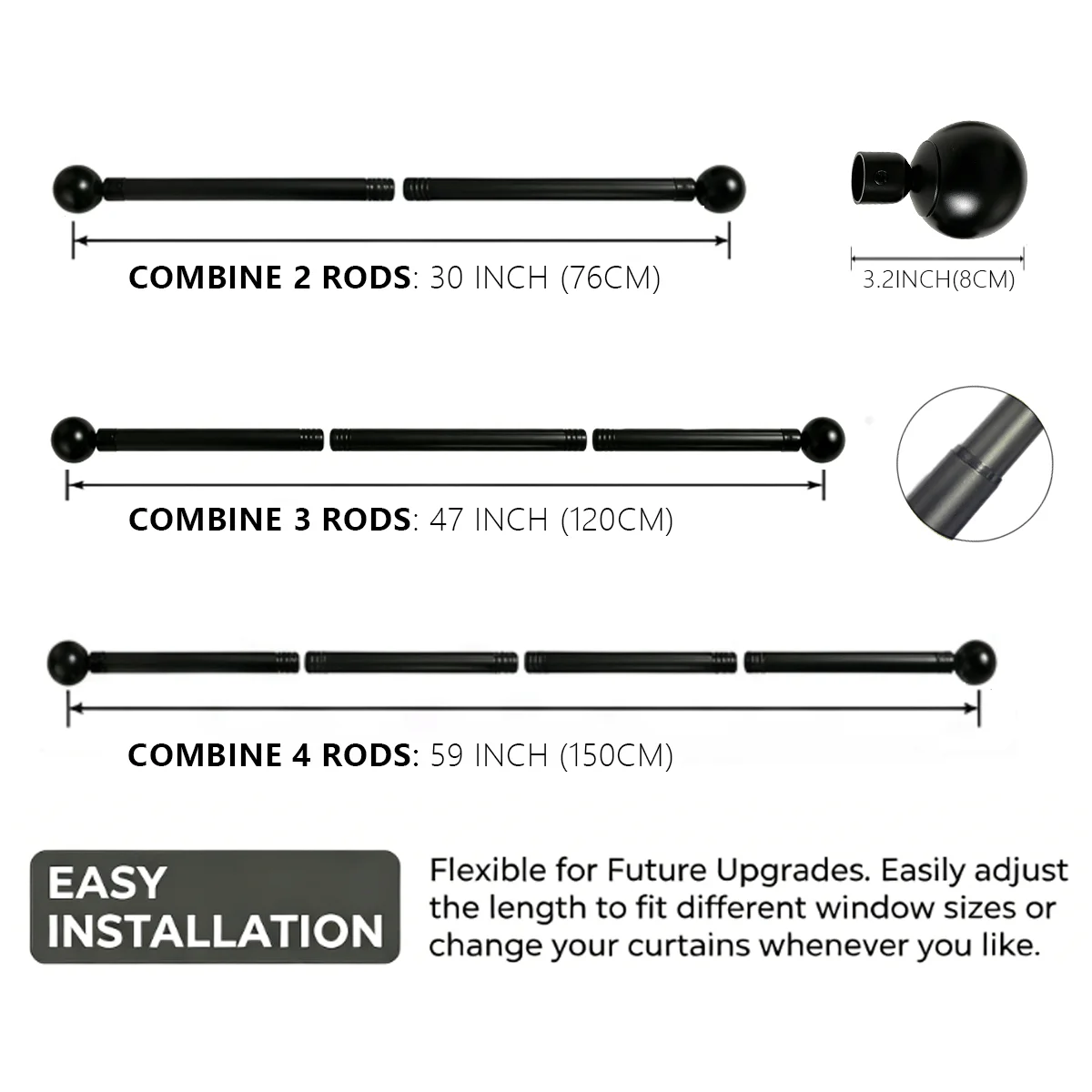 Black iron joined curtain rod / Roman rod, classic versatile ball decoration, 28-48 inches in length