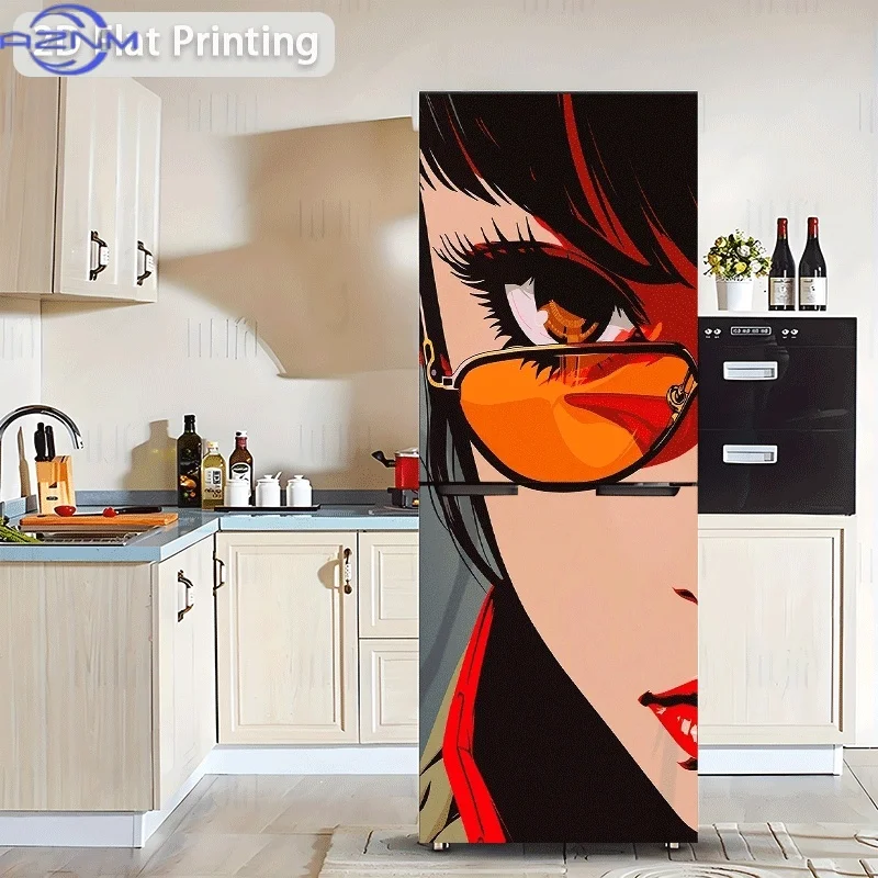 Refrigerator Sticker 60x180cm Close-up of a Woman Wearing Orange Glasses Themed Scene Wall Decal Self-Adhesive Wallpaper Suita