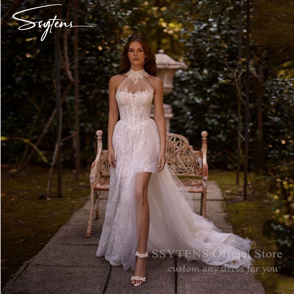 SSYTENS Newest Short Wedding Dresses Elegant High Neck Long Train Simple Bridal Dress Backless Sexy Vestidos De Novia Customized