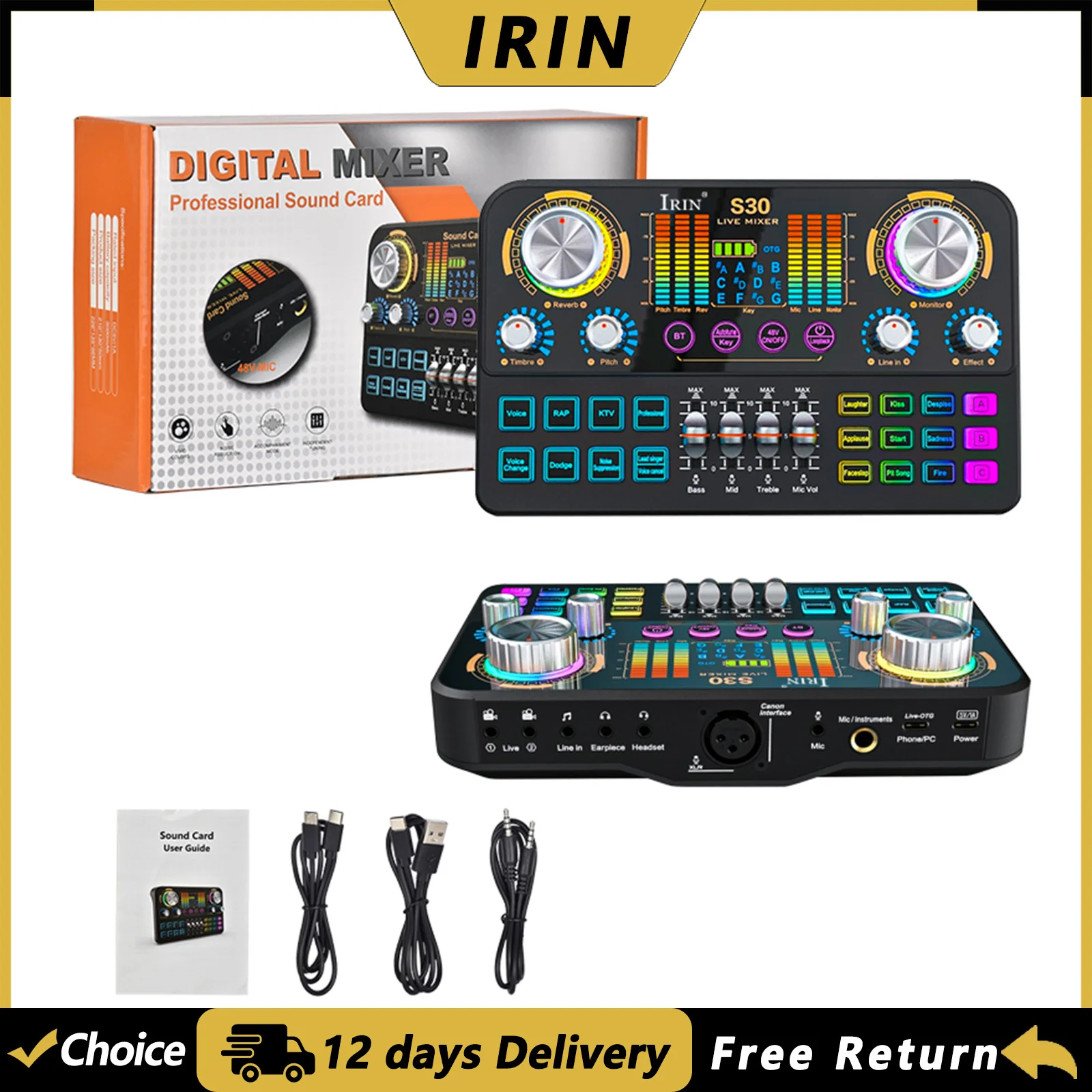 

IRIN S30 Audio Mixer Live Sound Card with DJ Mixing Effects and Voice-changing Features Music Recording Equipment Sound Card