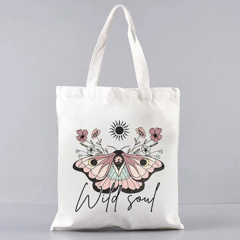 Wilde Ziel Bloemen Vlinder Patroon Canvas Tas Vrouwen Pendelen Grote Capaciteit Handtas Casual Draagtas Boodschappentassen Geschenken Voor Haar