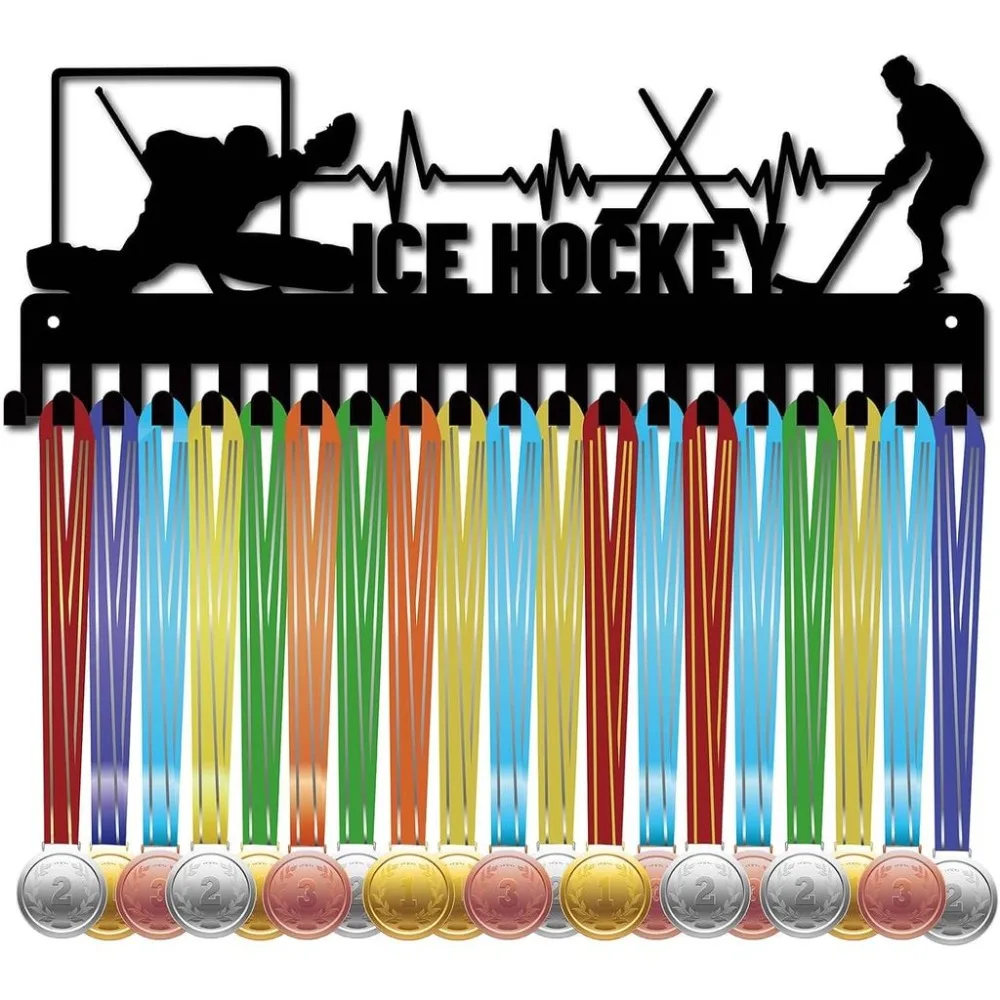 Ice Hockey Medal Hanger Medal Holder Display Rack Sports Metal Hanging Awards Iron Mount Decor with 20 Hooks for Wall Home Badge