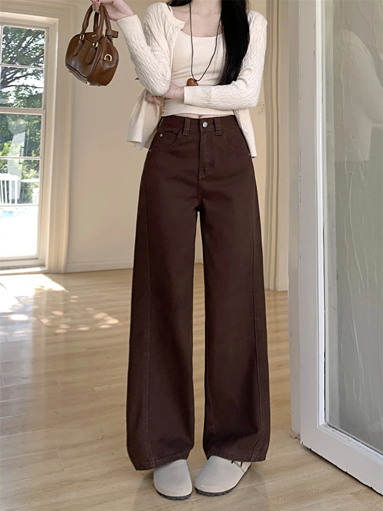 High Waist Wide Leg Jeans Women's Spring Design Sense Curved Blade Harrow Pants Coffee Color Denim High Waist Long Pants