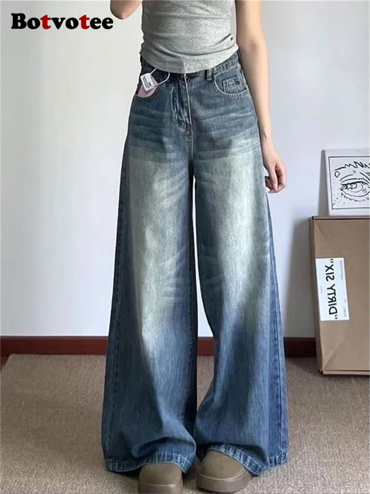 

Botvotee American Vintage Jeans for Women High Waist Wide Leg Loose Straight Blue Denim Pants Female Fashion Streetwear Jeans