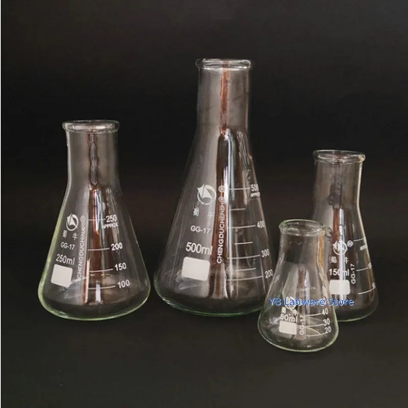 Flacone triangolare conico a collo largo dritto in vetro borosilicato da 1PC da 50ml a 1000ml per apparecchiature chimiche da laboratorio