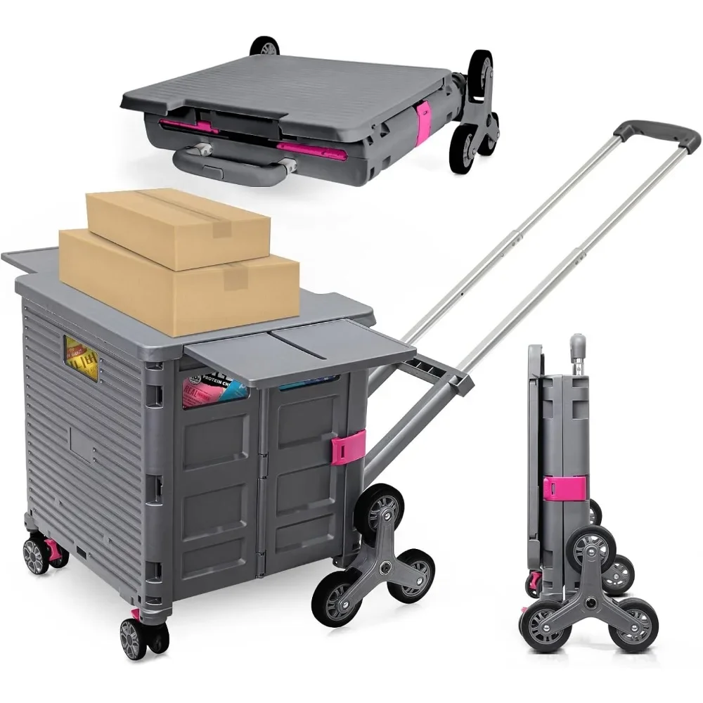 Foldable Utility Cart w/Stair Climbing Wheels, Collapsible Rolling Crate w/Magnetic Lid, Adjustable Telescoping Handle