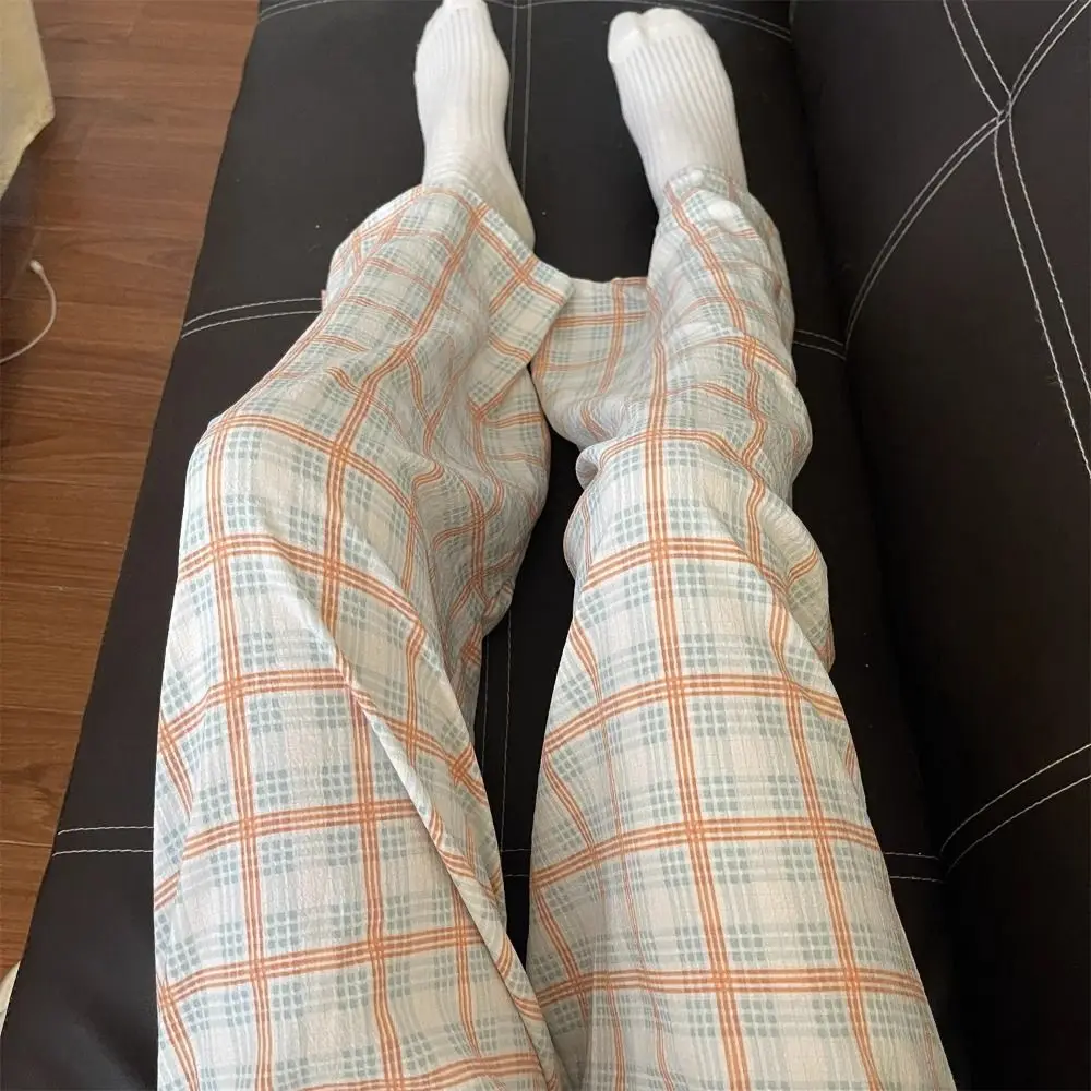 

Homewear Chic Casual Long Pants Women Stripe Loose Plaid Straight Leg Pants High Waist Spring Summer Wide Leg Pants Girls