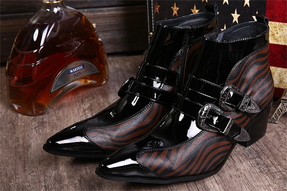 

Brown Striped Buckle Patent Genuine Leather Thick High Heels Pointed Toe Boots Male Plus Size Fashion Party Wedding Dress Shoes
