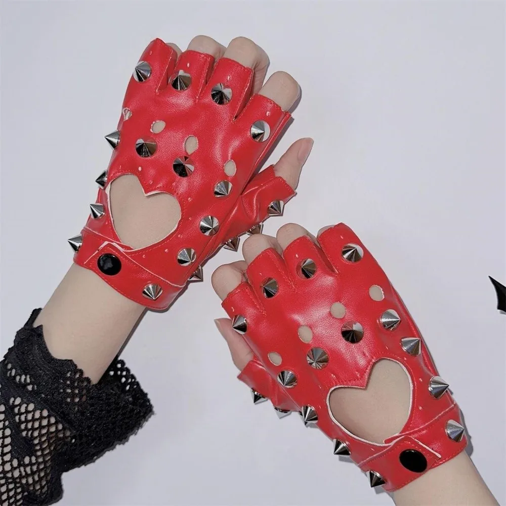 Unisex Fingerless Rivet Gloves PU Leather Hip-Pop Half-palm Gloves Gothic Leopard Print Patent Leather Gloves Cosplay