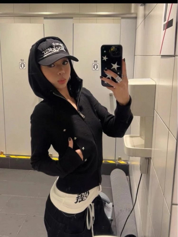 American retro double zipper women's cardigan slim fit hooded sweatshirt autumn and winter spicy girl trend top millennium style