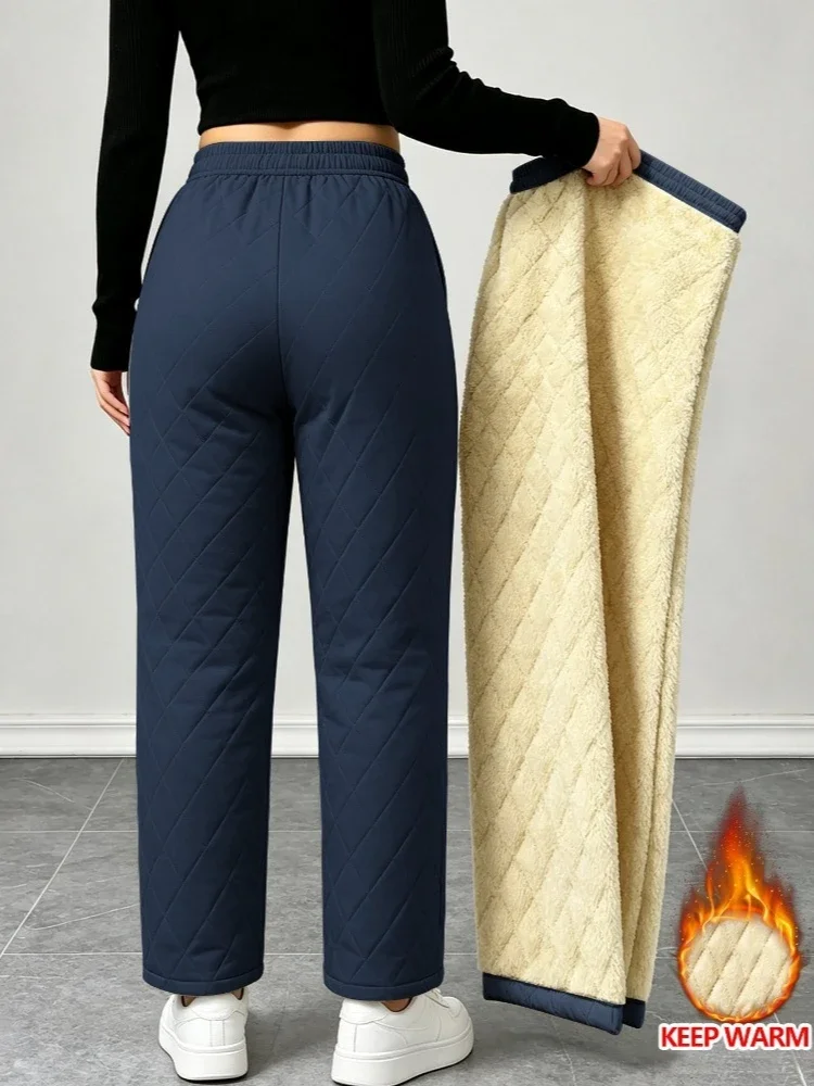 Winter Warm Women's Fleece Lined Pants Casual Thicken Versatile Elastic Waist Drawstring Lambswool Trousers for Woman Daily Wear