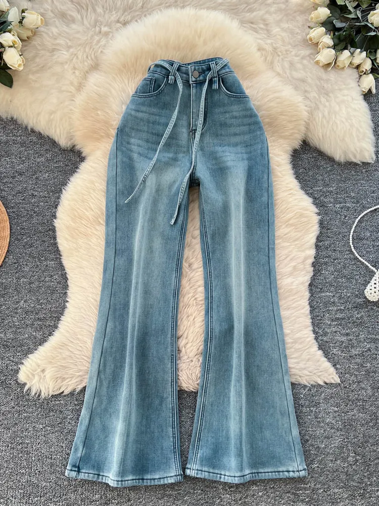 High Waist Bell Bot Jeans Women's Slim Fit Denim Pants Belted American Sle Hot Girl Autumn Faion New Arrival