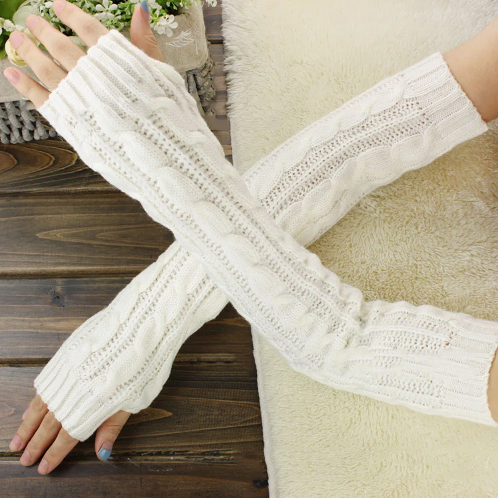 Winter Twist Knitting Woolen Arm Sleeve For Women Thicken Warm Long Fingerless Gloves Solid Color Long Sleeve Half-finger Glove