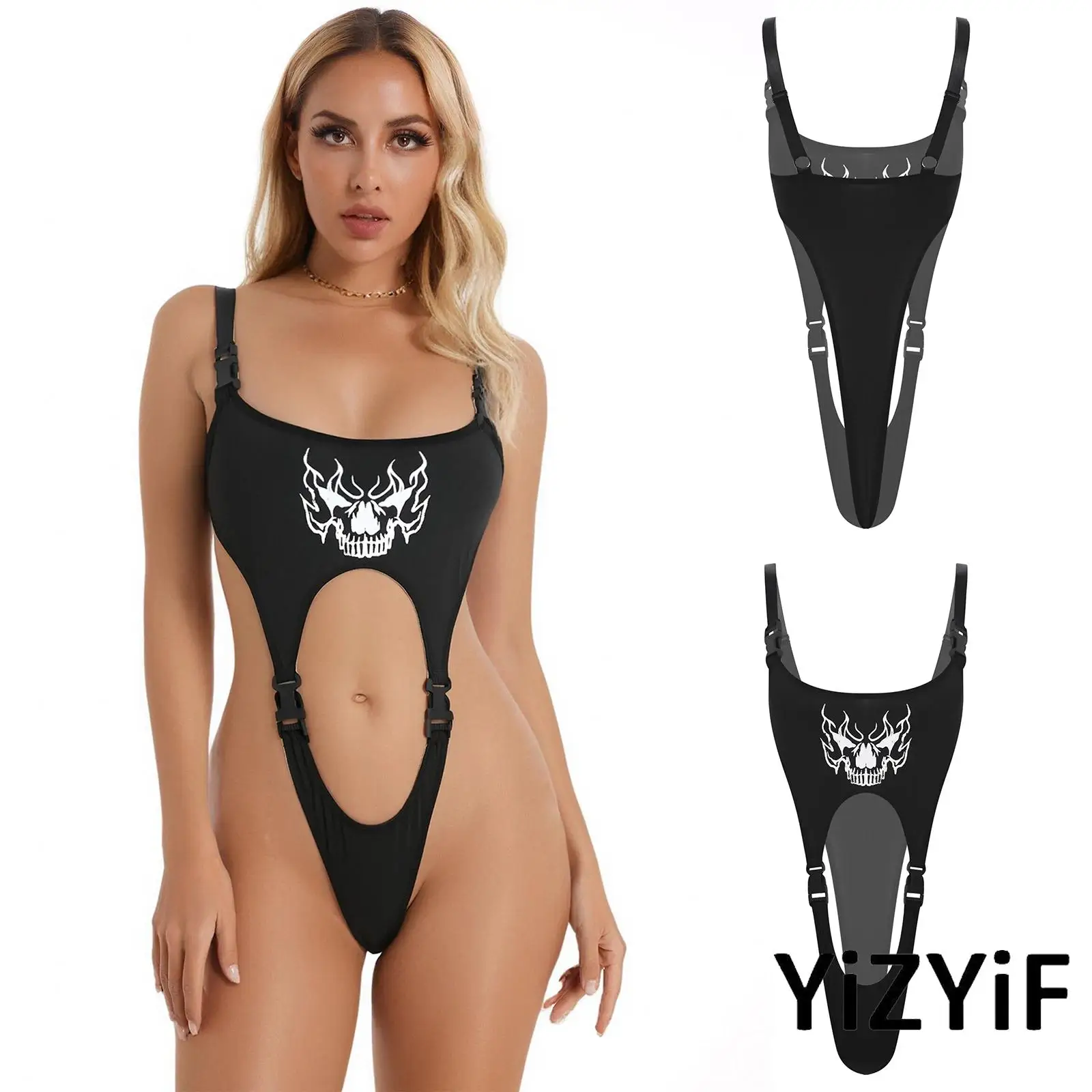 

One-Piece Women Summer Buckle Shoulder Strap Stylish Print Bodysuit High Cutting Hollow Out Sexy Bikini for Beach Pool Party