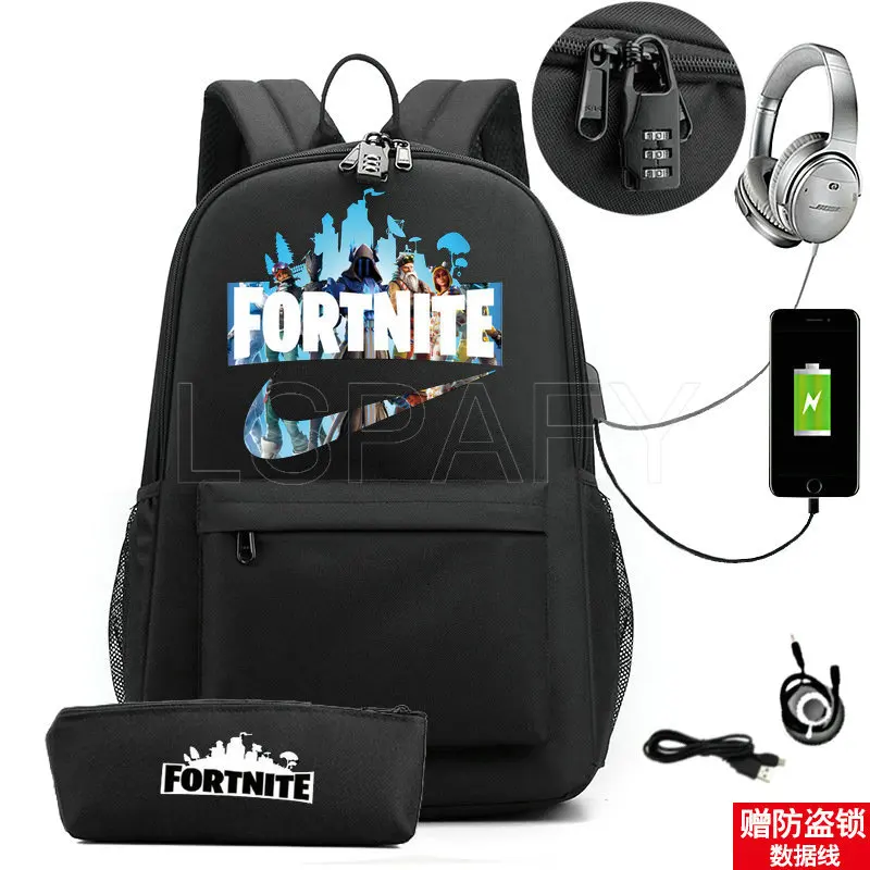 Mochila con estampado de FORTNITE para niños y adolescentes, morral escolar de dibujos animados con carga USB de 17 pulgadas