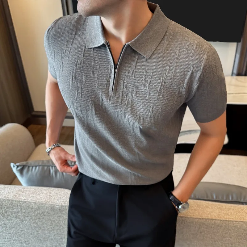 

Мужская летняя повседневная рубашка-поло в британском стиле с коротким рукавом, на молнии до середины, трикотажная, для офиса и деловых встреч, размеры M-3XL