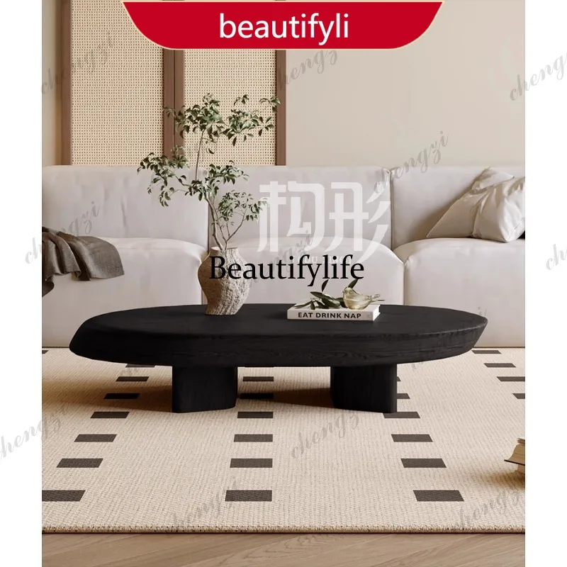 02A New solid wood oval coffee table minimalist coffee table retro living room home log low table