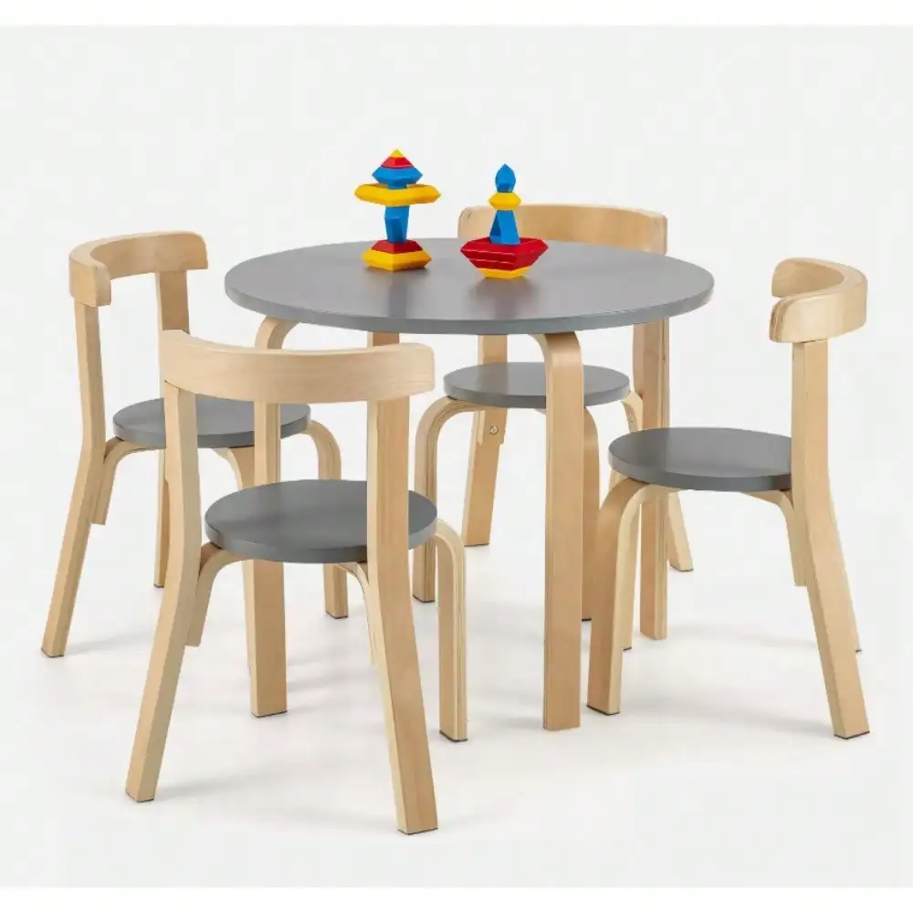 5-Piece Wooden Curved Back Activity Table & Chair Set w/Toy Bricks Grey