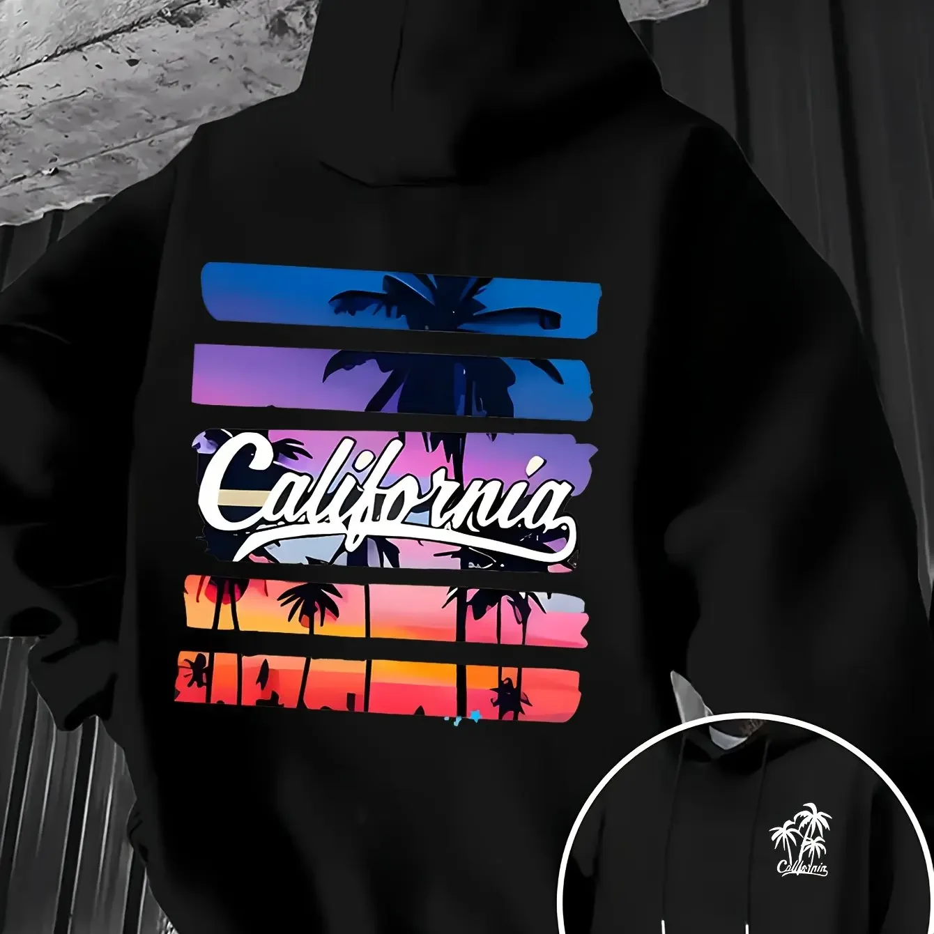 Men Thick Warm Hoodie Vintage Striped Sunset Palm Tree California Script Print West Coast Daily Commute Pullover