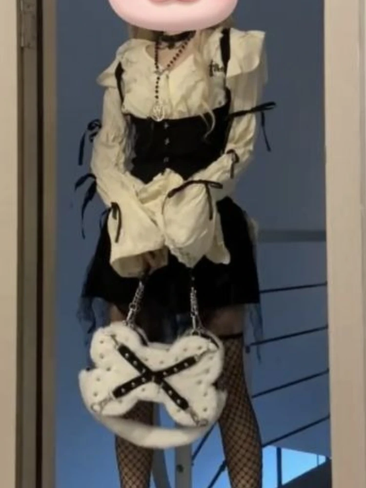 New Subculture Lace Vintage 3 Piece Set Women Design Flare Sleeve Shirt + Tunic Vest+ Mini Skirt Japanese Sexy Y2k Retro Outfits