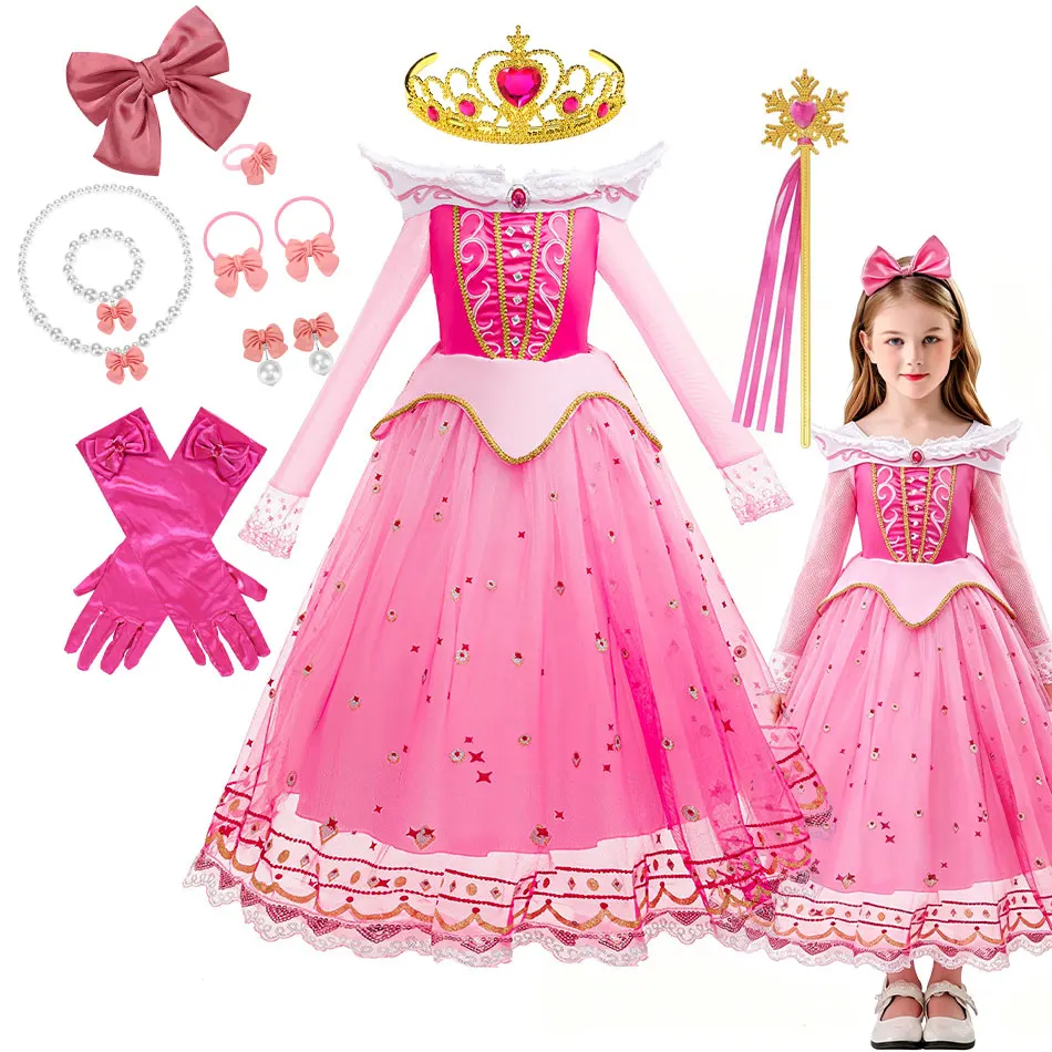 Exquisite Elegant Princess Puff Ball Children Aurora Role Cosplay Halloween Birthday Carnival Party Sleeping Beauty Royal Frocks