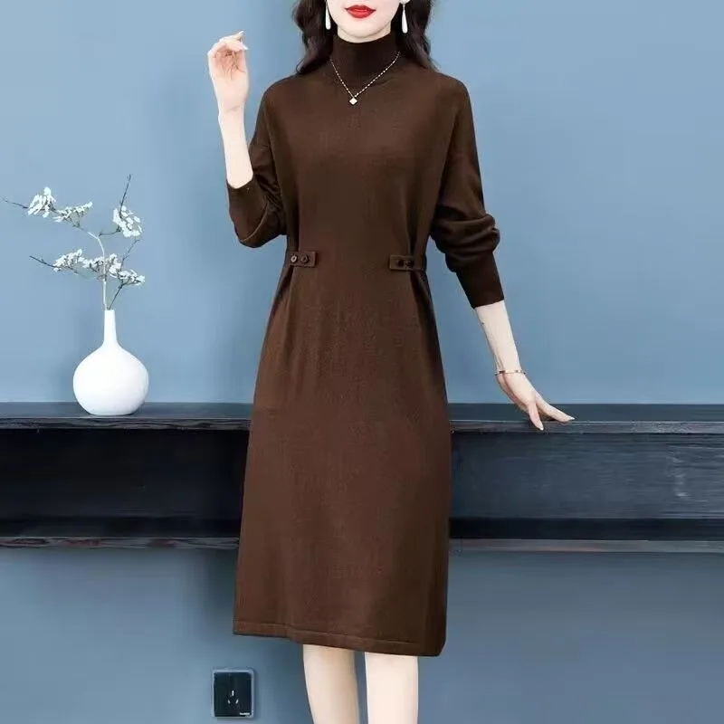 

Buttoned Autumn Winter Thick Sweater Style Mother Coat Base Long National Waist-hugging Dress