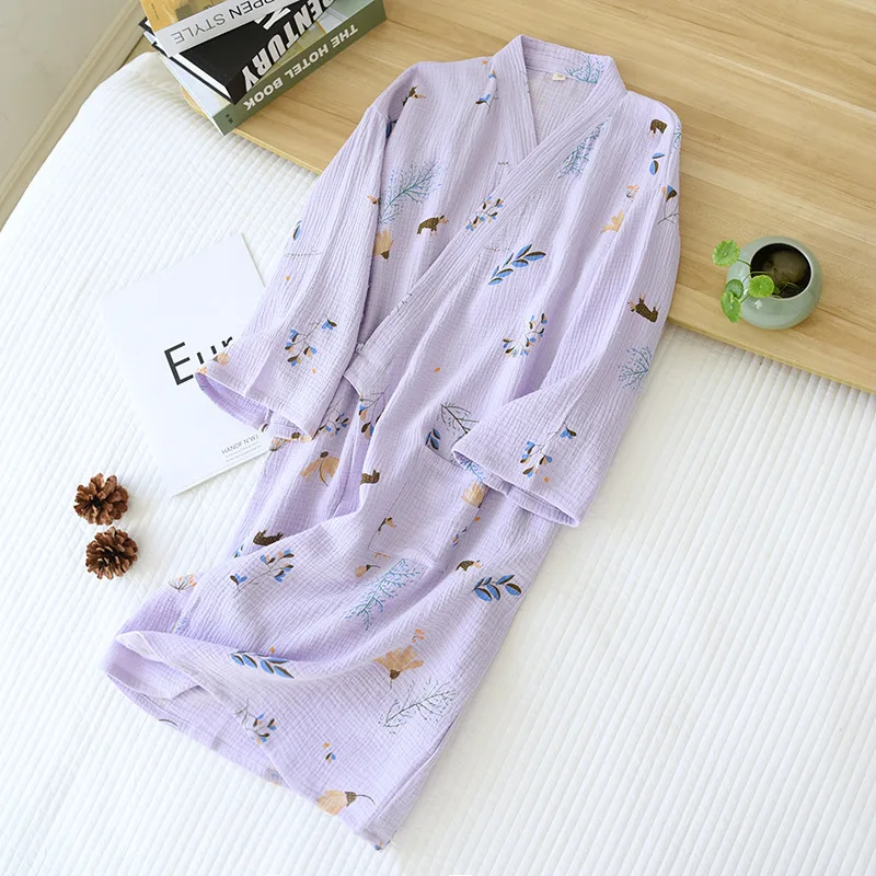 Spring and summer new Japanese-style kimono nightgown women\'s bathrobe 100%cotton crepe loose sweat steaming yukata home service