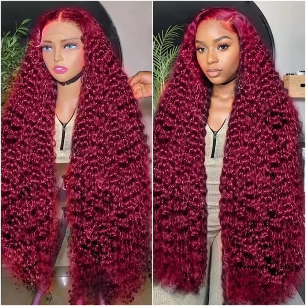 

40-дюймовый парик из натуральных волос 99J Burgundy с HD-кружевной фронтальной частью 13x6, предварительно сформированный, окрашенный, бразильский, глубокая волна, кудрявый, плотность 220%