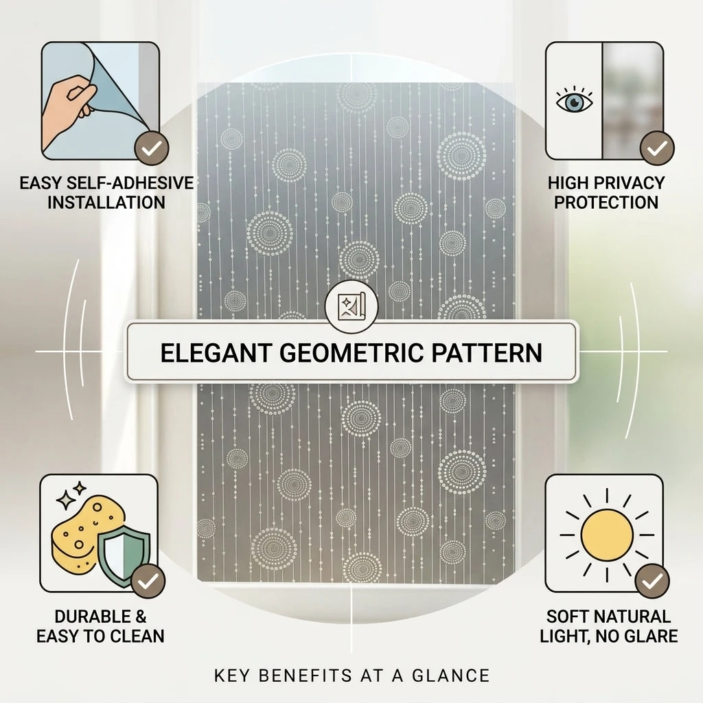 Minimalist Grey Frosted Geometric Privacy Window Film White Circle Dot Design Built-In Adhesive Soft Light Filter for Home Decor