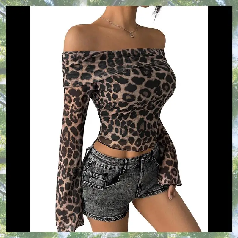 

2023 трендовый женский сетчатый топ с леопардовым принтом и открытыми плечами, прозрачный прозрачный тонкий расклешенный топ с длинными рукавами и манжетами Y2K, укороченная блузка, топ