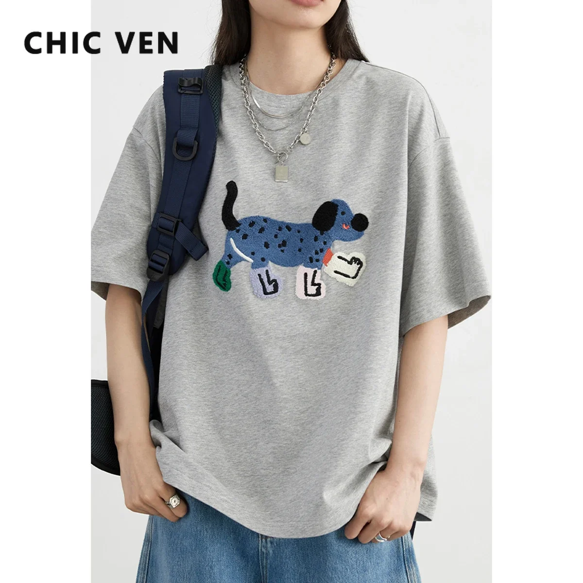 CHIC VEN Women Tees Casual O-neck Short Sleeve Dogs Embroidered T-Shirts Loose Funny Cotton Tops Female Clothing Summer New 2024