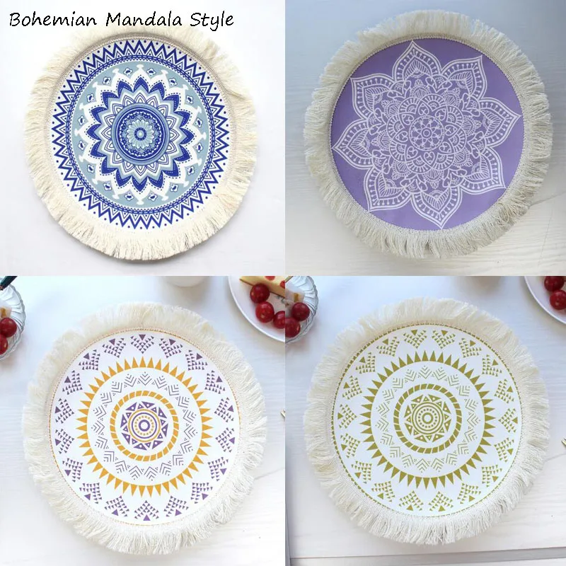 NEW Bohemian mandala round braid Printed table place mat Cloth tassels placemat coaster kitchen Table decoration and accessories