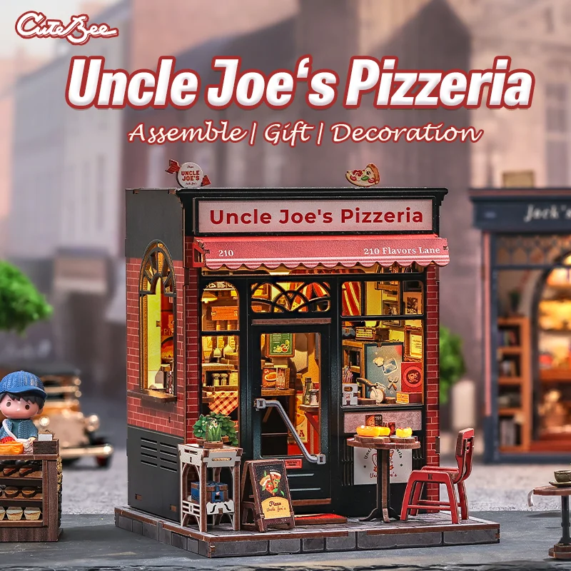 

CUTEBEE Book Nook Kit DIY Doll House with LED Light Bookshelf Insert Uncle Joe's Pizzeria Miniature Model For Party Family Gift