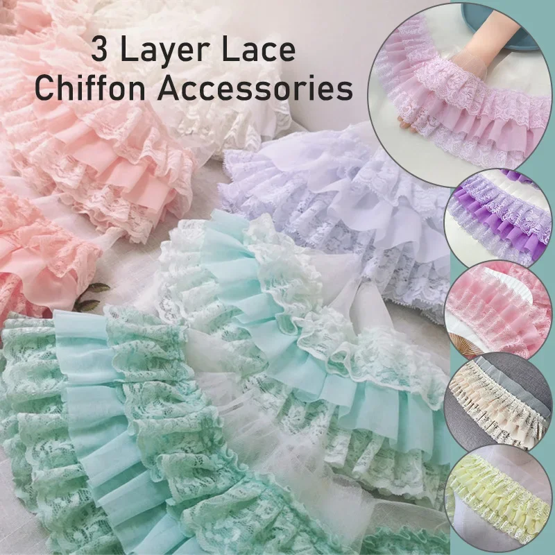 1M Three Layers Pleated Chiffon Fabric Guipure Lace Embroidery Fringe Ruffle Trim Dolls Clothes Dress Collar Sewing Accessories