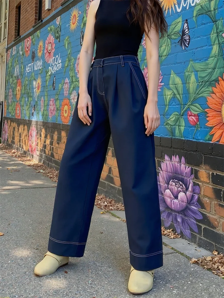 

Baggy Wide LegDenim Jeans Womens Flared High Waist Bootcut Ripped Pockets Embroidery Splicing Stretchy Regular Fit Korean Style