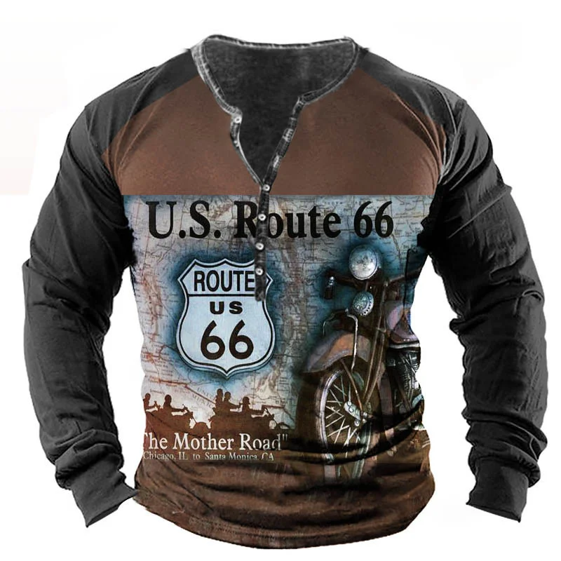 Vintage T-shirt For Men Cotton T Shirts Rout 66 Graphic T-shirts Long Sleeve V-Neck Tee 3D Printed Oversized Men's Clothing Tops