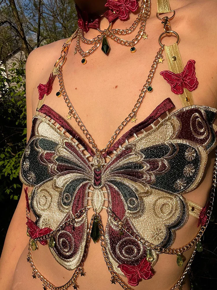 Ins Europe And The United States Electric Syllable Fashion Embroidery Butterfly Splicing Metal Crystal Short Halter Hollowed Top