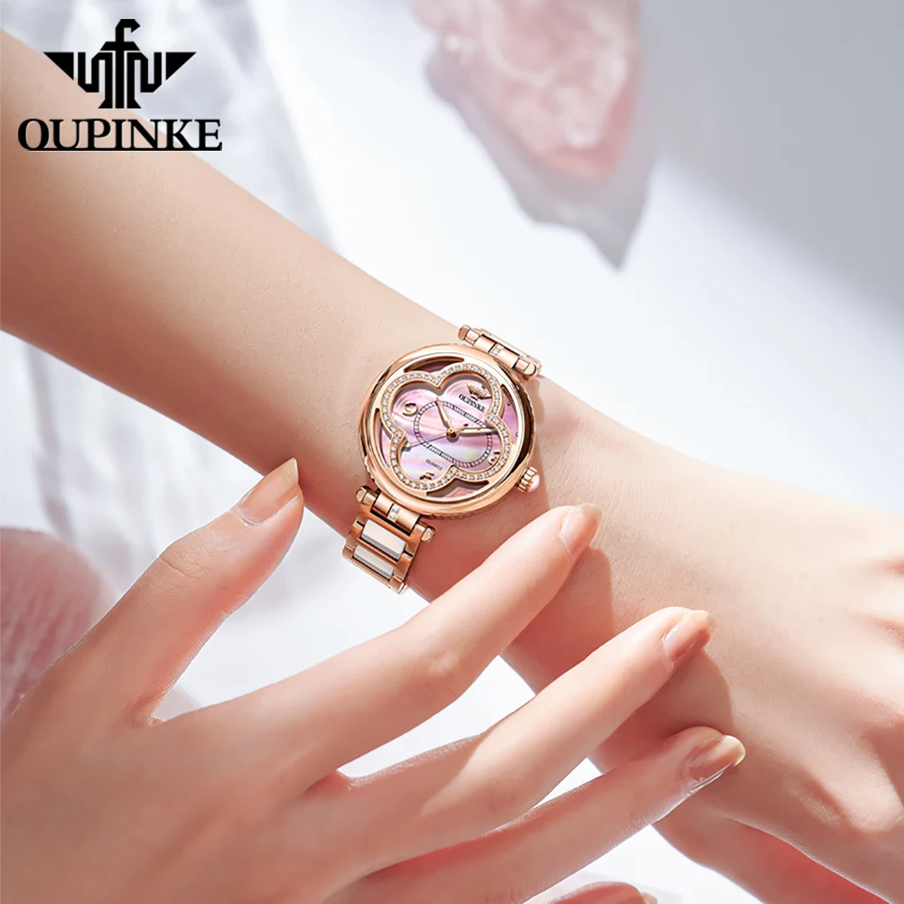 OUPINKE Elegant Luxury Women Watches Fully Automatic Mechanical Watch Lucky Grass Dial Waterproof Original Brand Watch for Lady