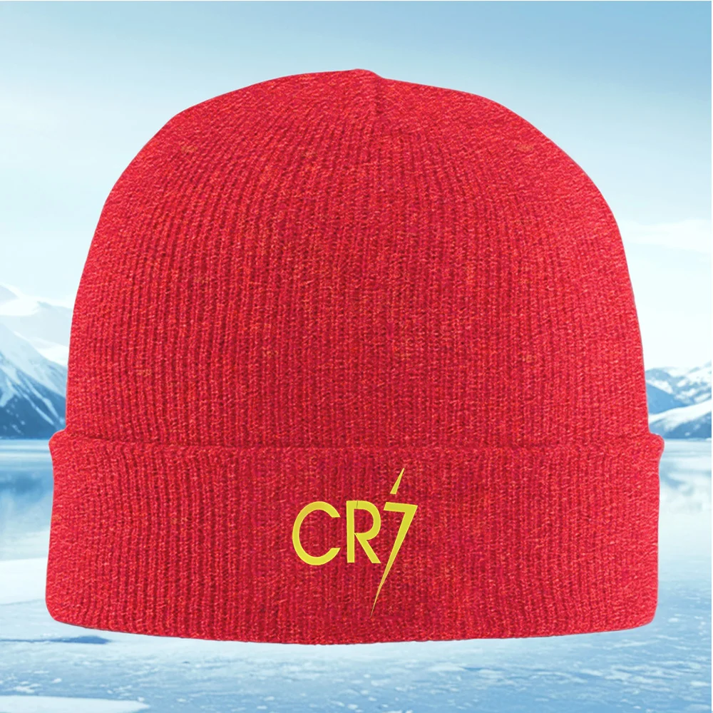 Letras amarillas CR7 fondo negro simple hombres mujeres Unisex sombrero de punto gorro Jersey gorra invierno térmico cálido Navidad Outdoo