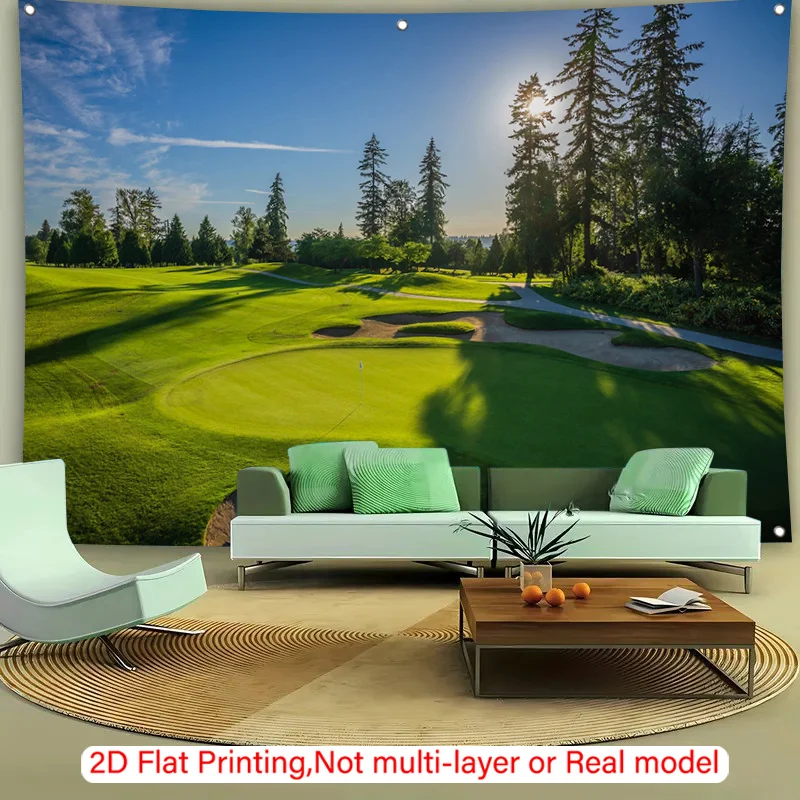 Large Polyester Tapestry Golf Course Scene Wall Hanging Realistic Green Landscape Photo Print Outdoor Sports Decor Home Room Dec