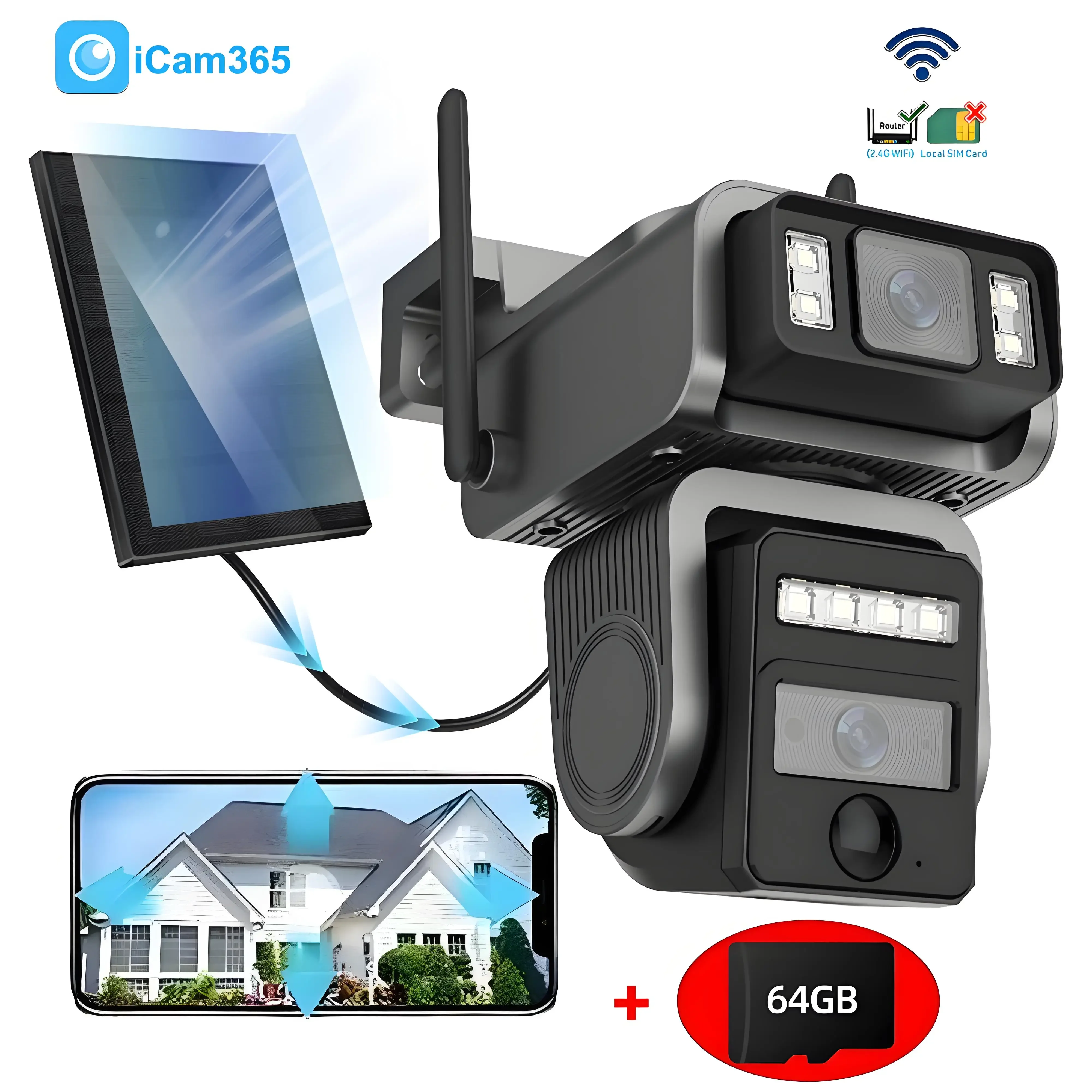 Telecamere di sicurezza WIFI solari a doppia lente da 8 MP con pannelli solari Visione notturna a colori Rilevazione movimento PIR Telecamera IP esterna iCam365