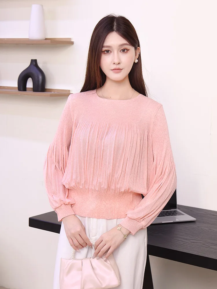 Miyake plissado camiseta outono 2025 novo elegante simples cor sólida plissado camiseta solta plus size cem topos de manga comprida