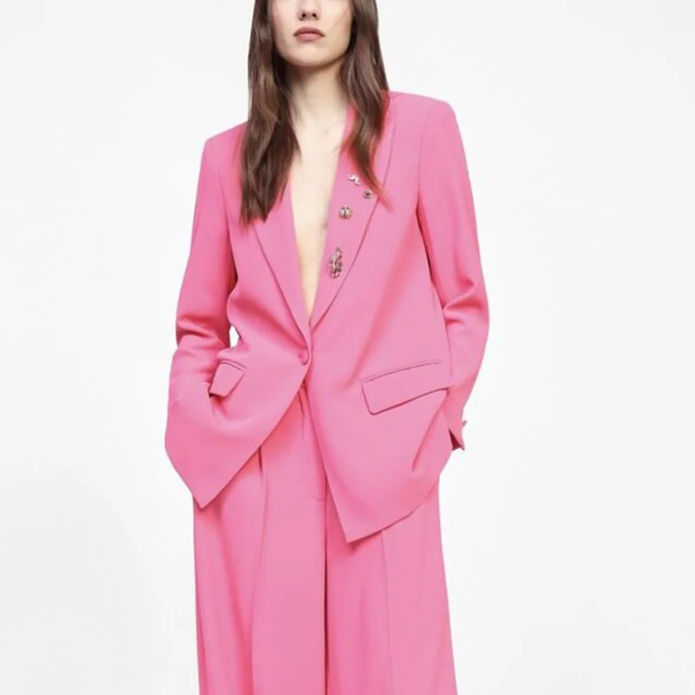 بدلة نسائية عصرية بزر واحد الذروة التلبيب سترة ذكية فضفاضة السراويل 2 قطعة مجموعة للمرأة صالح مكتب مأدبة سيدة السترة مجموعة